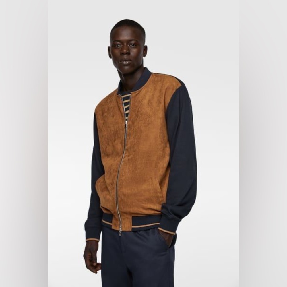Zara Faux Suede Men’s Jacket Navy & Tan size small PTP 20” Bin O - Picture 3 of 8